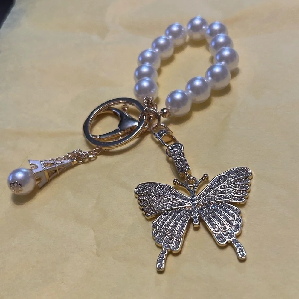 Pearl Butterfly Eiffel Tower Keychain Bag Charm Gold Tone i